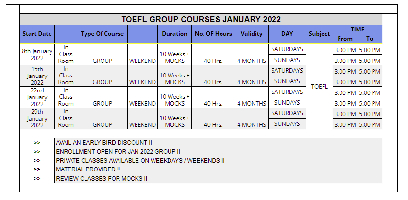 Upcoming TOEFL group courses